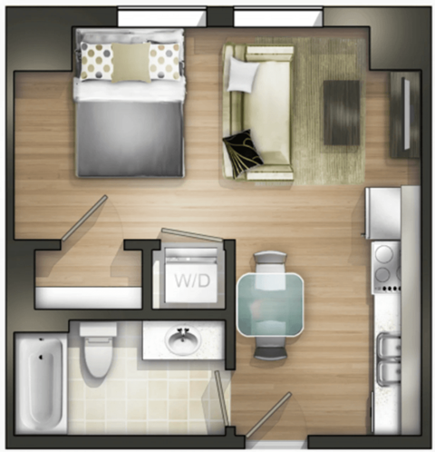 Floor plan for studio, 1 bath, 374 sqft